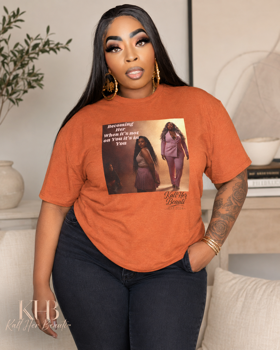 Becoming Her™ Plus-Size Affirmation Tee | Graphic T-Shirt S–5XL | Kall Her Beauti™