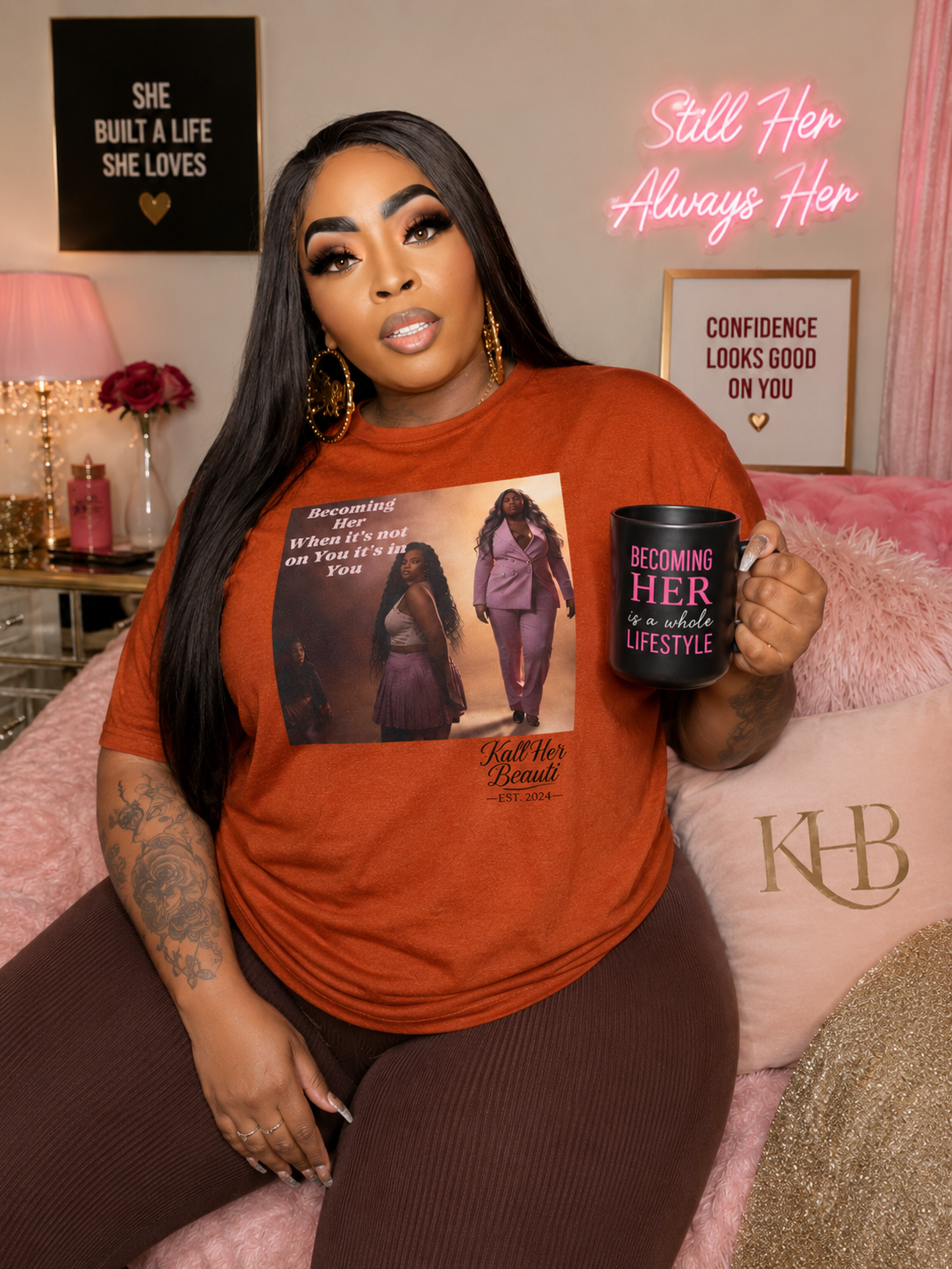 Becoming Her™ Plus-Size Affirmation Tee | Graphic T-Shirt S–5XL | Kall Her Beauti™